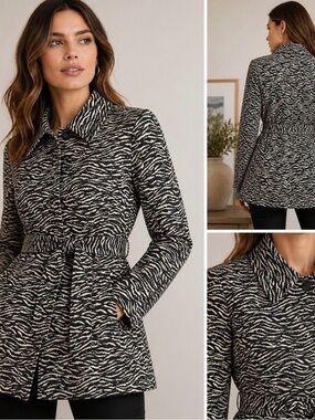Sandro Black and Cream Zebra-Print Belted Coat